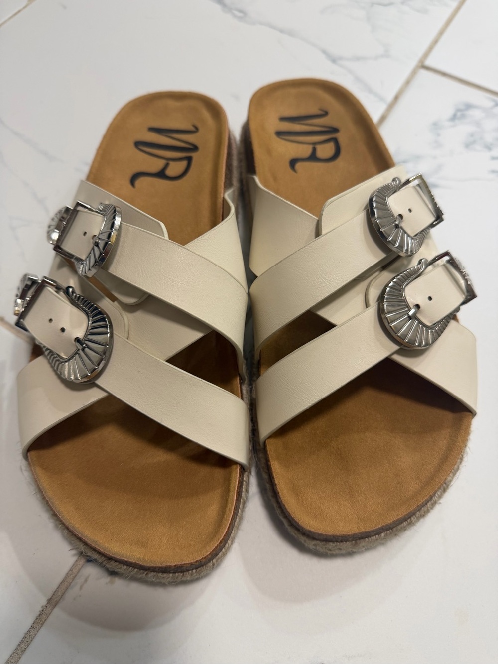 NEW Ivory Double-Buckle Crossover Slide Mules